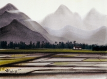 圖5-1，席德進筆下的台灣風土（作於1980，水彩紙本，56×75㎝），舒緩起伏的山巒以及一間間矗立在土地上的古厝，是觀者一眼就能明白的_席德進風格_。