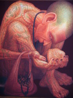 〈WAITING〉，畫中的僧侶手拿著寶物，梵文字佈滿整身。